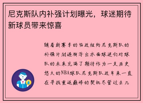 尼克斯队内补强计划曝光，球迷期待新球员带来惊喜